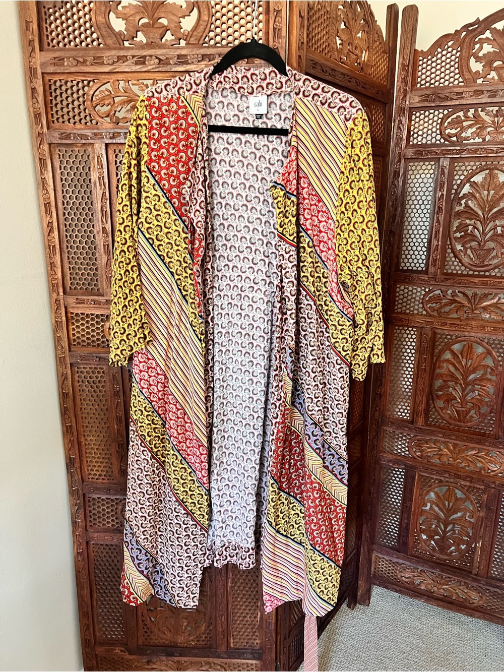 CAbi Floral Spiral Print Open Cardigan in Red, Cream, Black